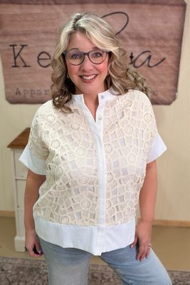 White Natural Crochet Button Down