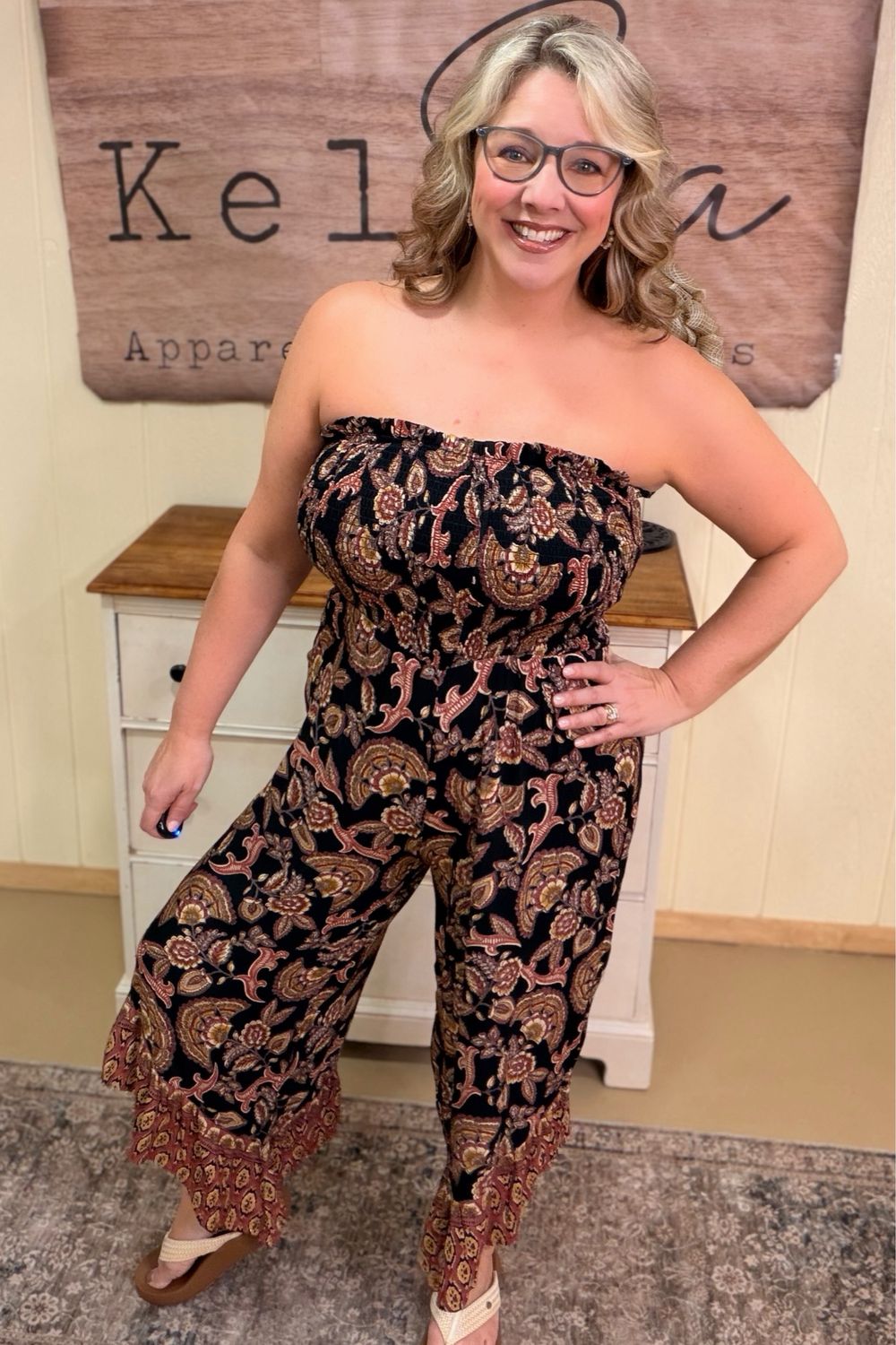 Black Vintage Floral Smocked Jumpsuit