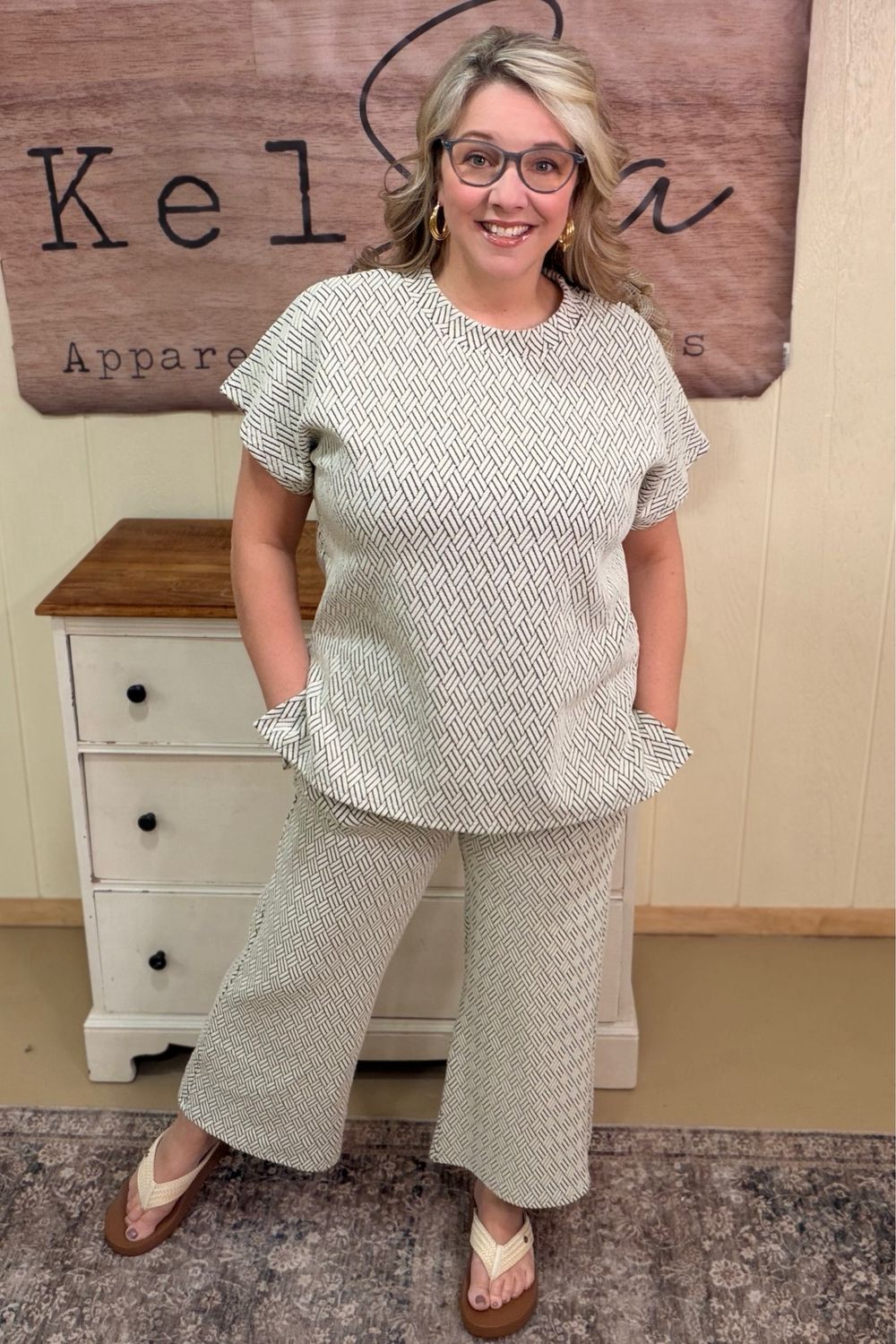 Cream Print Textured Wide Leg Set