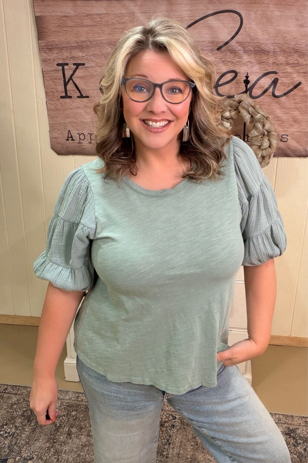 Sage Gauze Puff Sleeve Tee