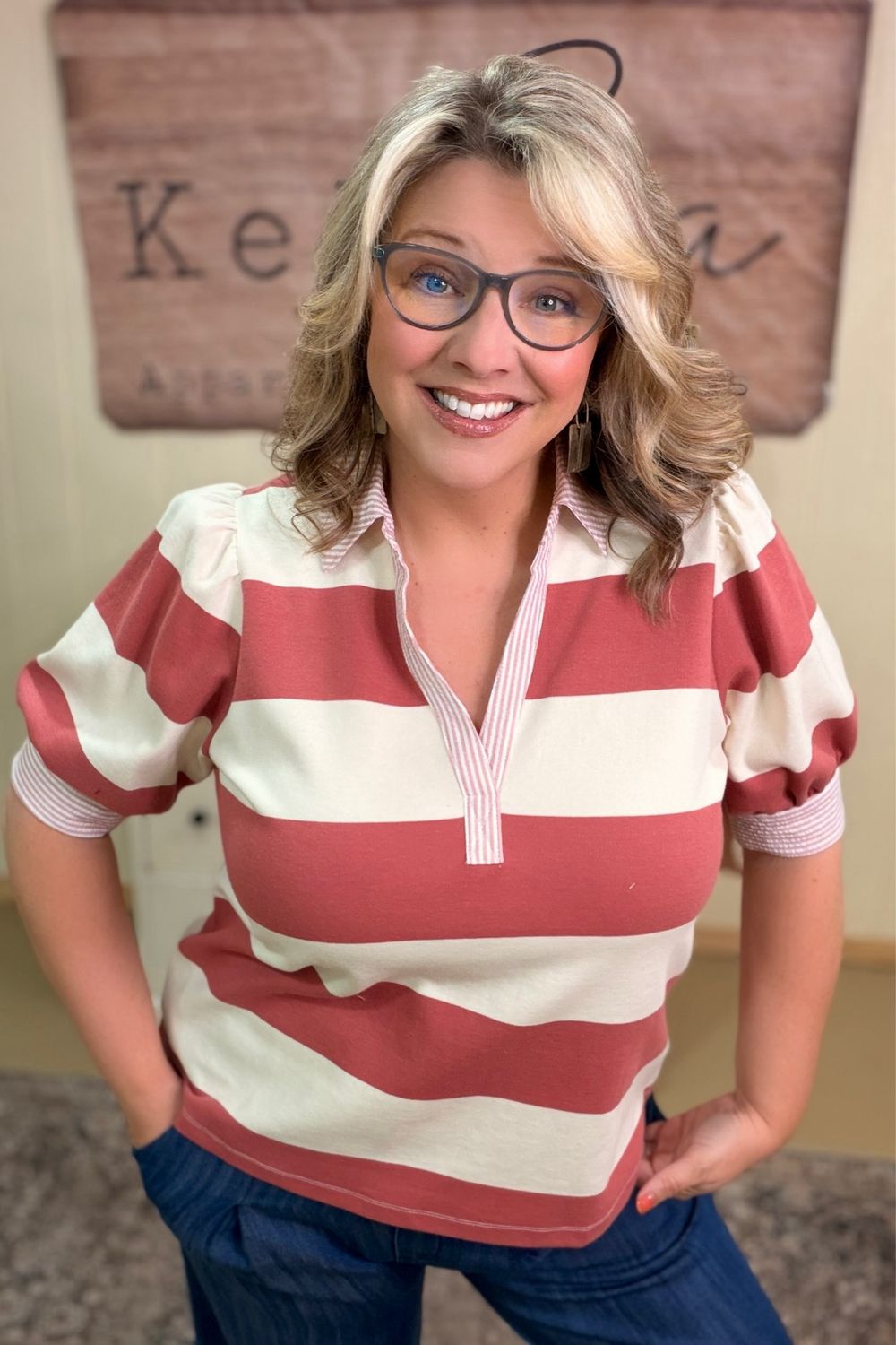 Brick &amp; Cream Striped Rugby Top