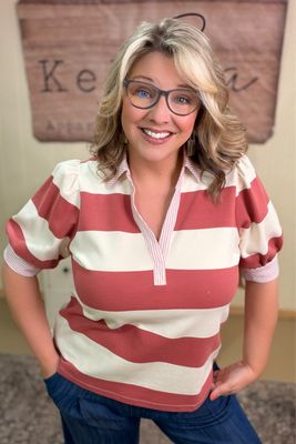 Brick &amp; Cream Striped Rugby Top