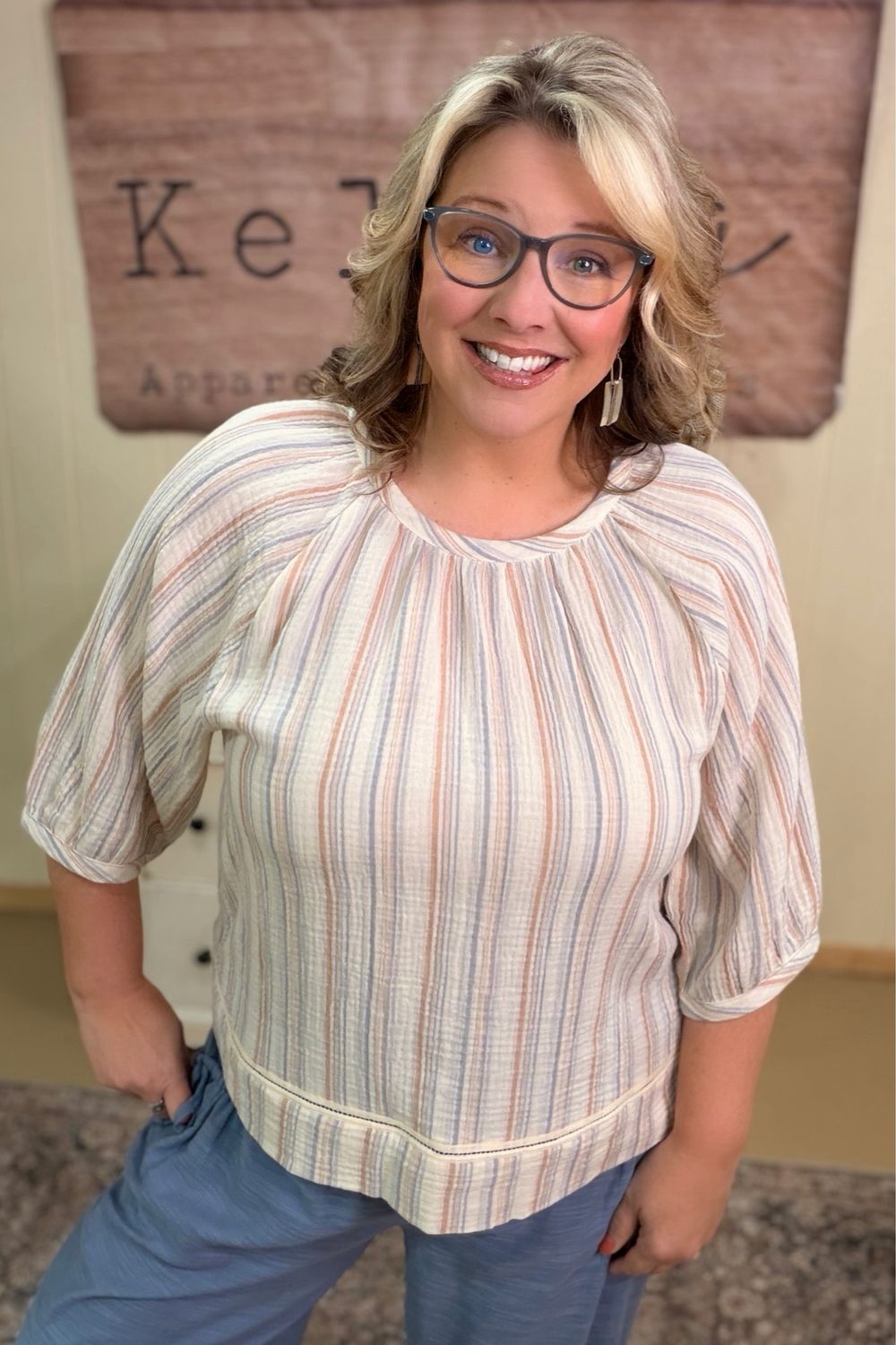 Cream Slate Striped Gauze Top