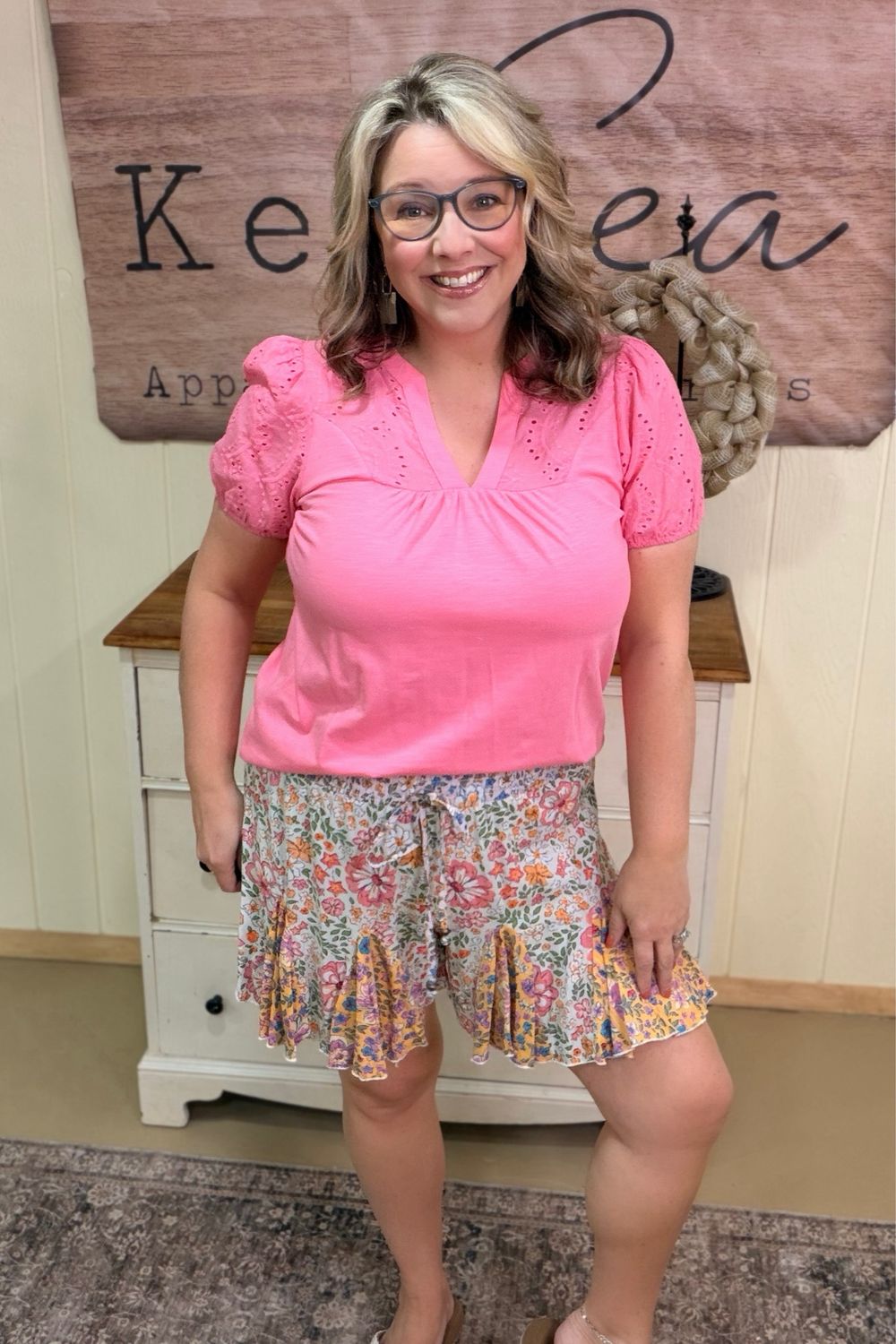 White Floral Godet Ruffle Shorts
