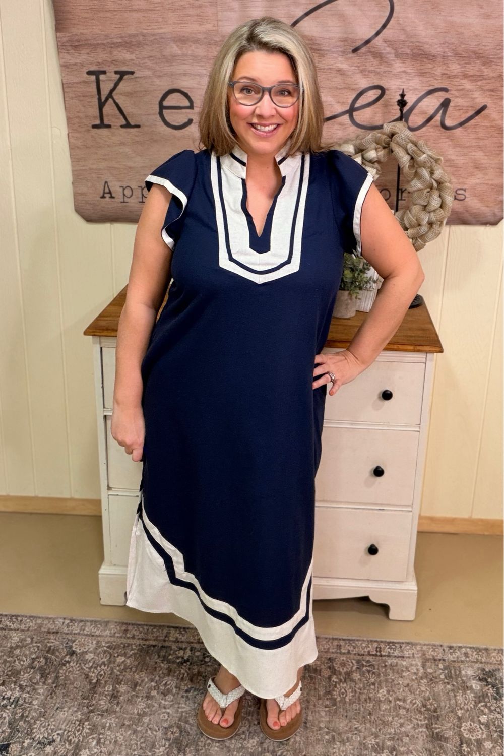 Navy &amp; Ivory Linen Blend Shift Dress