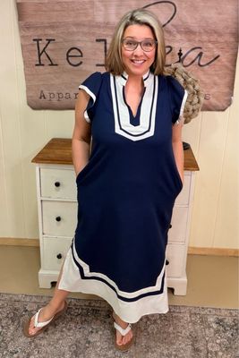 Navy &amp; Ivory Linen Blend Shift Dress