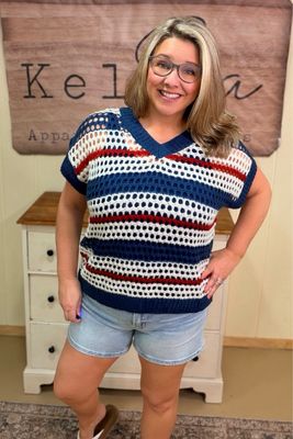 Americana Striped Fishnet Knit Sweater