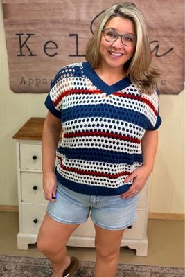 Americana Striped Fishnet Knit Sweater