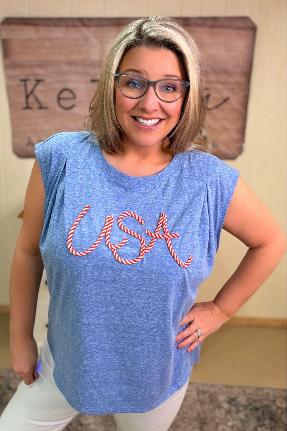 Blue USA Twine Pleated Tee