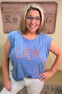 Blue USA Twine Pleated Tee