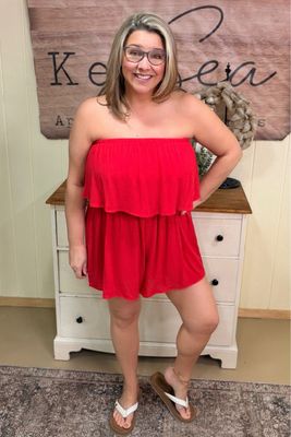 Ruby Red Woven Strapless Romper