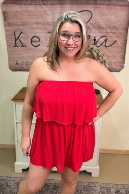 Ruby Red Woven Strapless Romper
