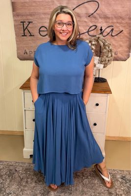 Dusty Blue Crinkle Woven Skirt Set