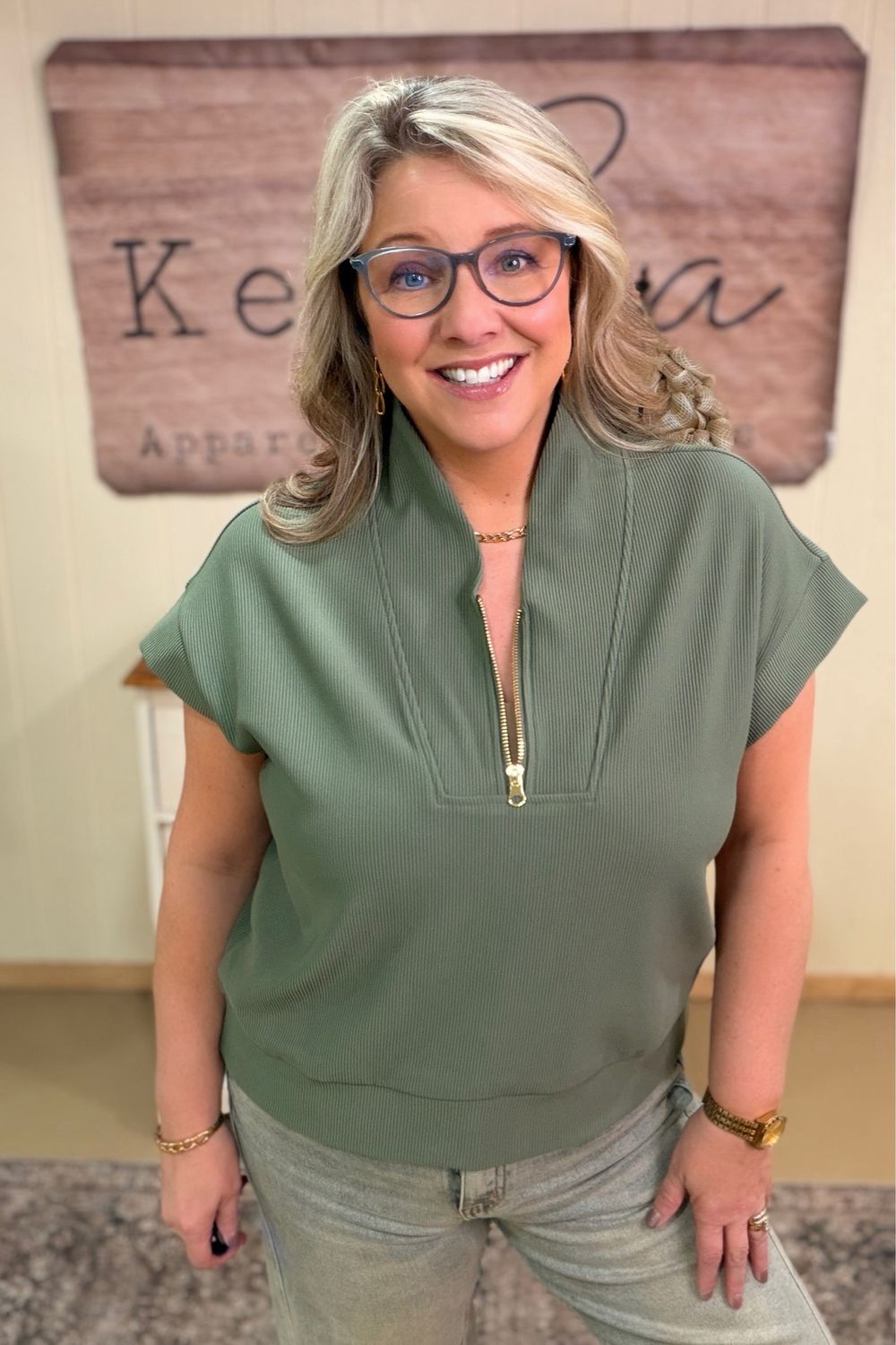 Olive Ribbed Half Zip Pullover