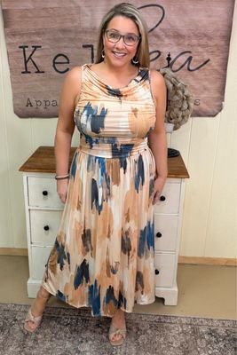 Apricot Beige Painted Slinky Midi Dress