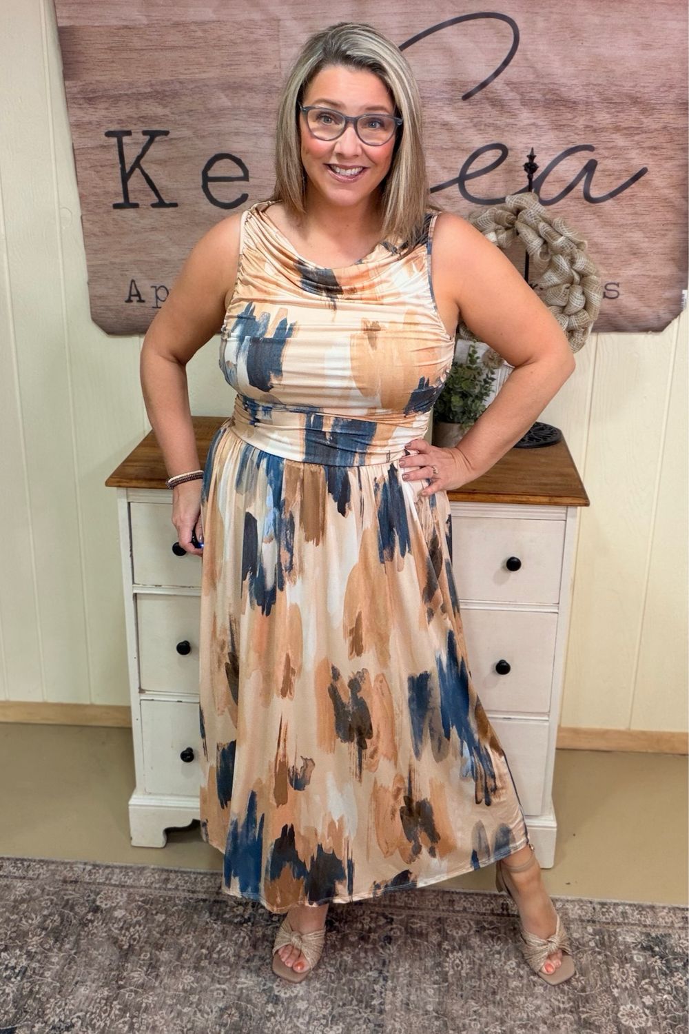 Apricot Beige Painted Slinky Midi Dress