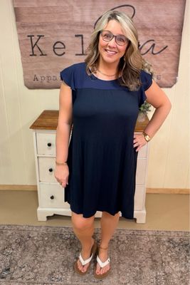 Navy Pleated Chiffon Dress