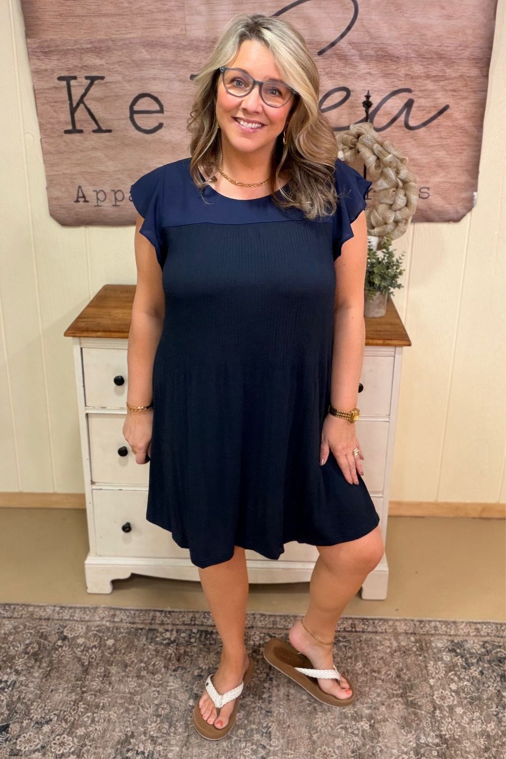 Navy Pleated Chiffon Dress