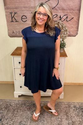 Navy Pleated Chiffon Dress