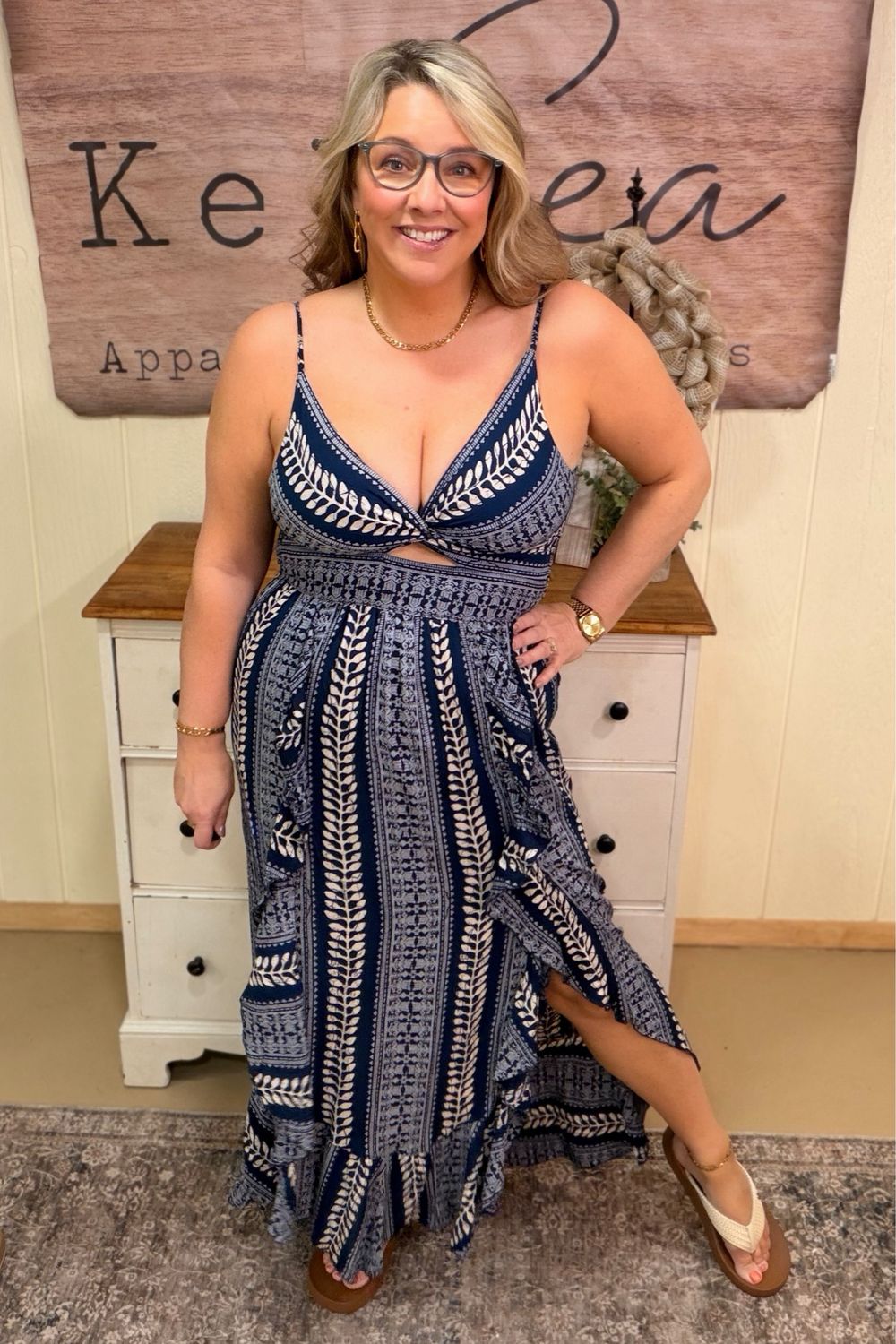 Navy &amp; Cream Twist Front Maxi