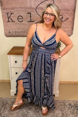 Navy &amp; Cream Twist Front Maxi