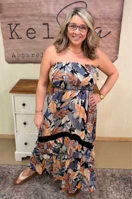 Black Tropical Smocked Strapless Maxi