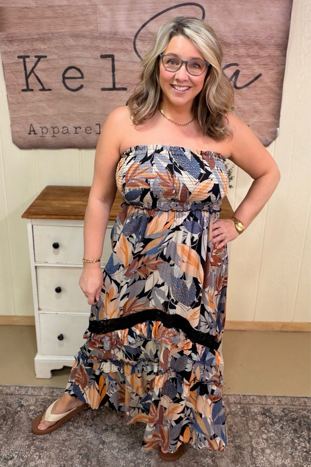 Black Tropical Smocked Strapless Maxi