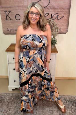 Black Tropical Smocked Strapless Maxi