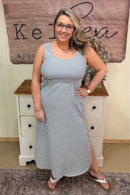 Blue Stripe Seersucker Maxi Dress