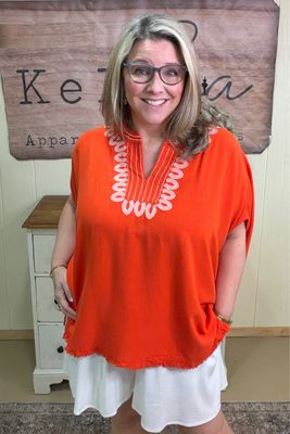 Tomato Red Oversized Linen Blend Top
