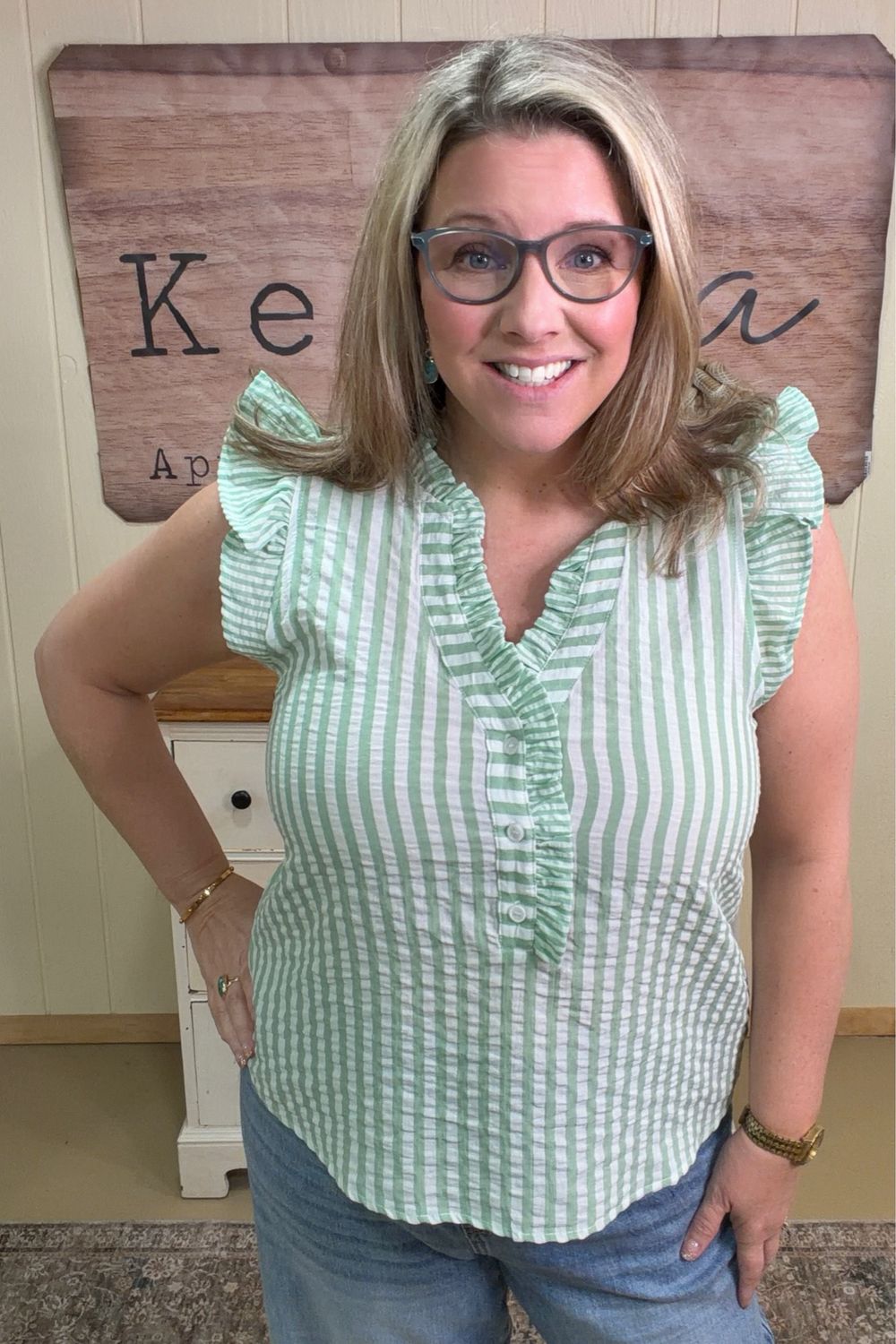 Mint Striped Frilled Seersucker Top