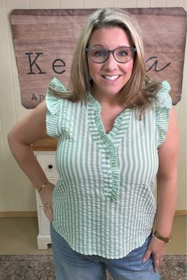 Mint Striped Frilled Seersucker Top