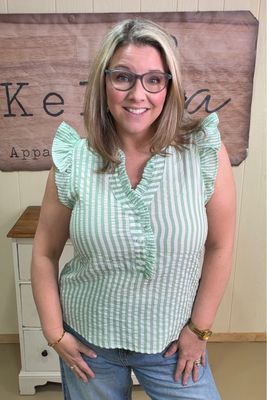 Mint Striped Frilled Seersucker Top