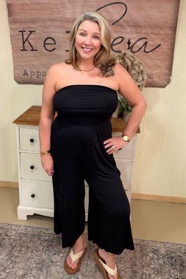 Black Strapless Shirred Jumpsuit