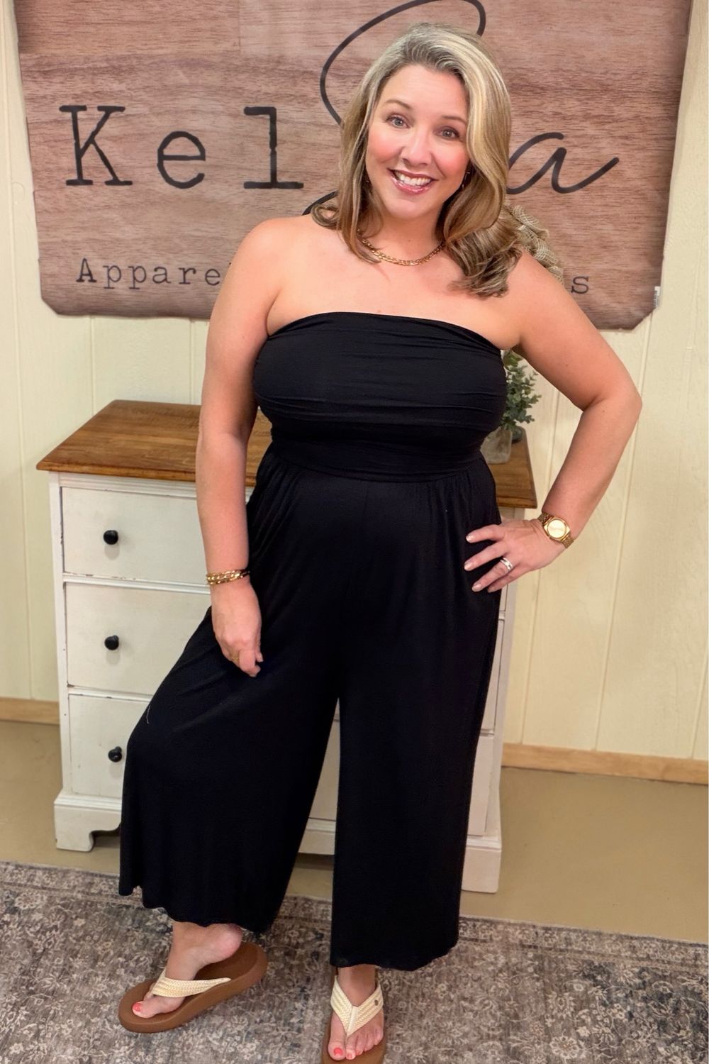 Black Strapless Shirred Jumpsuit