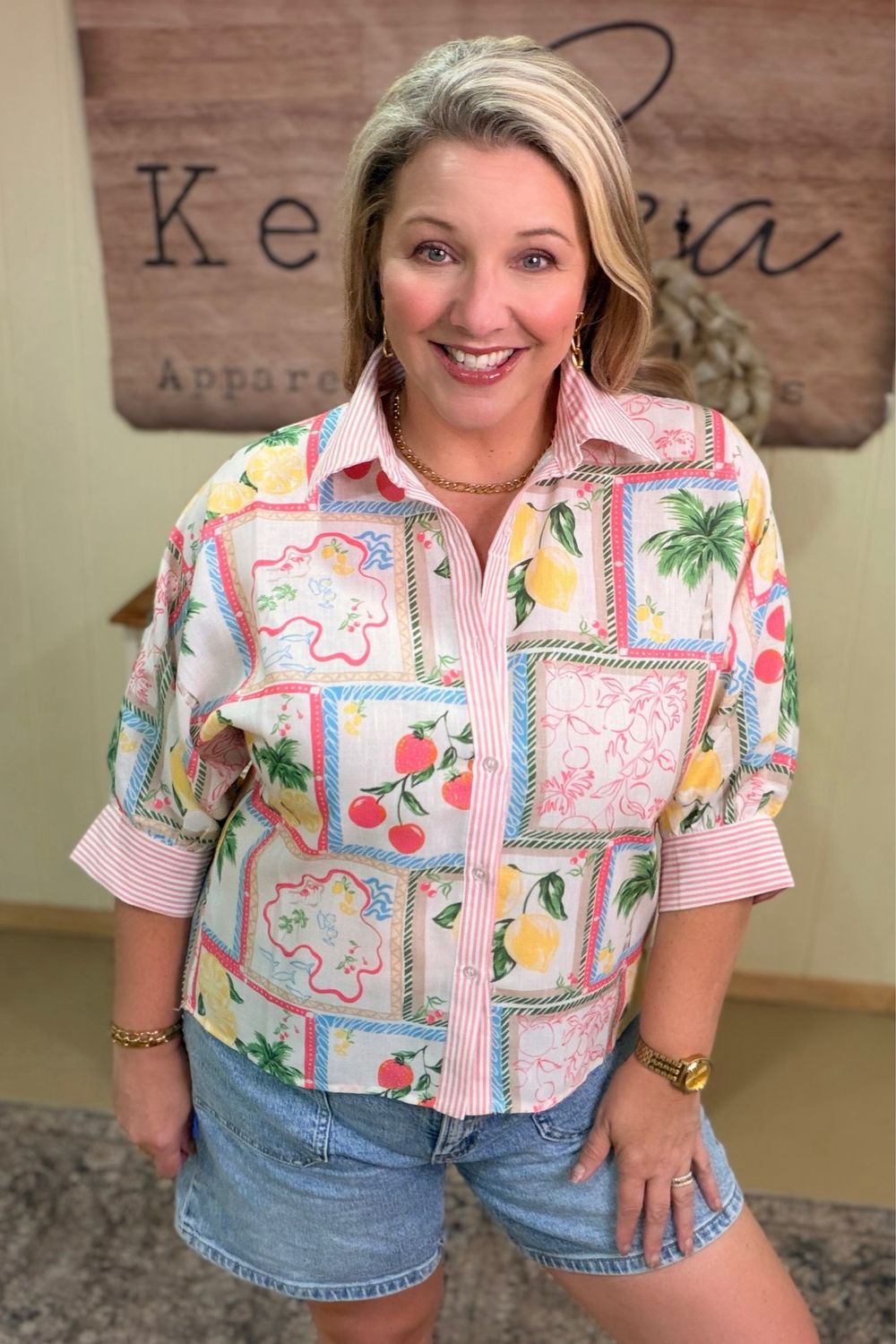 Bright Summer Fruit Pinstripe Blouse