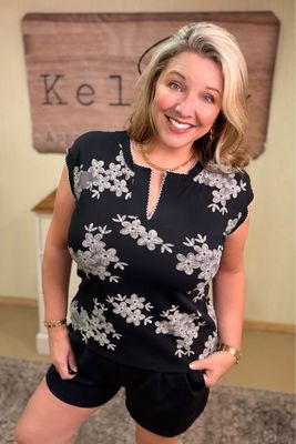 Black Antique Floral Knit Top