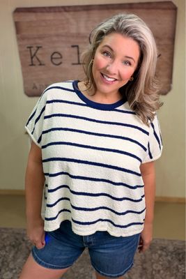 Navy Striped Oversized Terry Knit Top