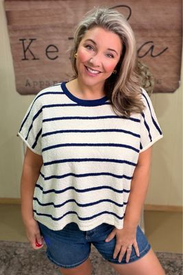 Navy Striped Oversized Terry Knit Top