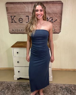 Slate Blue Strapless Tube Midi Dress