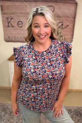 Navy Ditzy Floral Ruffle Tee