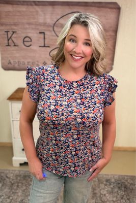 Navy Ditzy Floral Ruffle Tee