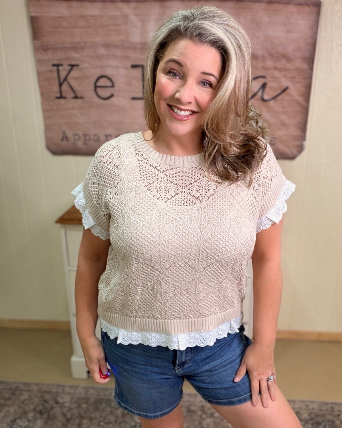 Oat Crochet Eyelet Trim Sweater