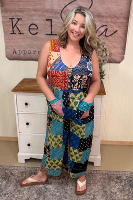 POL Almond Boho Patchwork Woven Overall