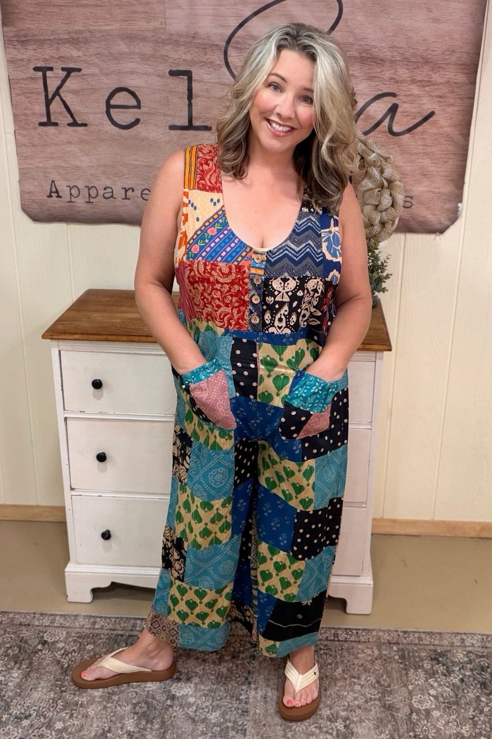 POL Almond Boho Patchwork Woven Overall