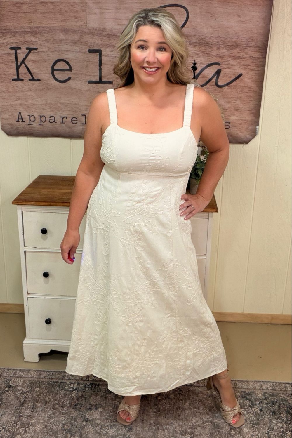 Natural Embroidery Midi Dress