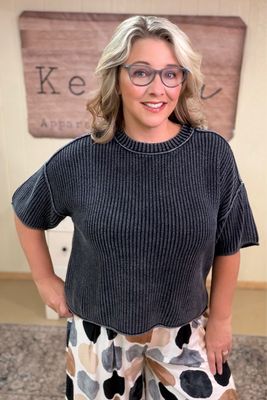 Washed Black Short Sleeve Sweater