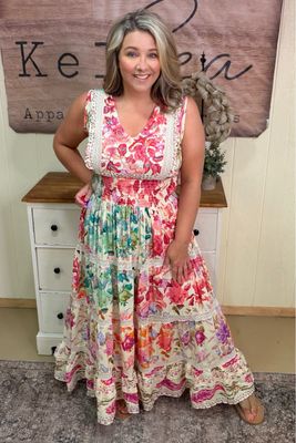 POL Cream Feminine Floral & Lace Maxi Dress