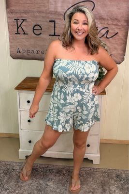 Sage Tropical Floral Strapless Romper