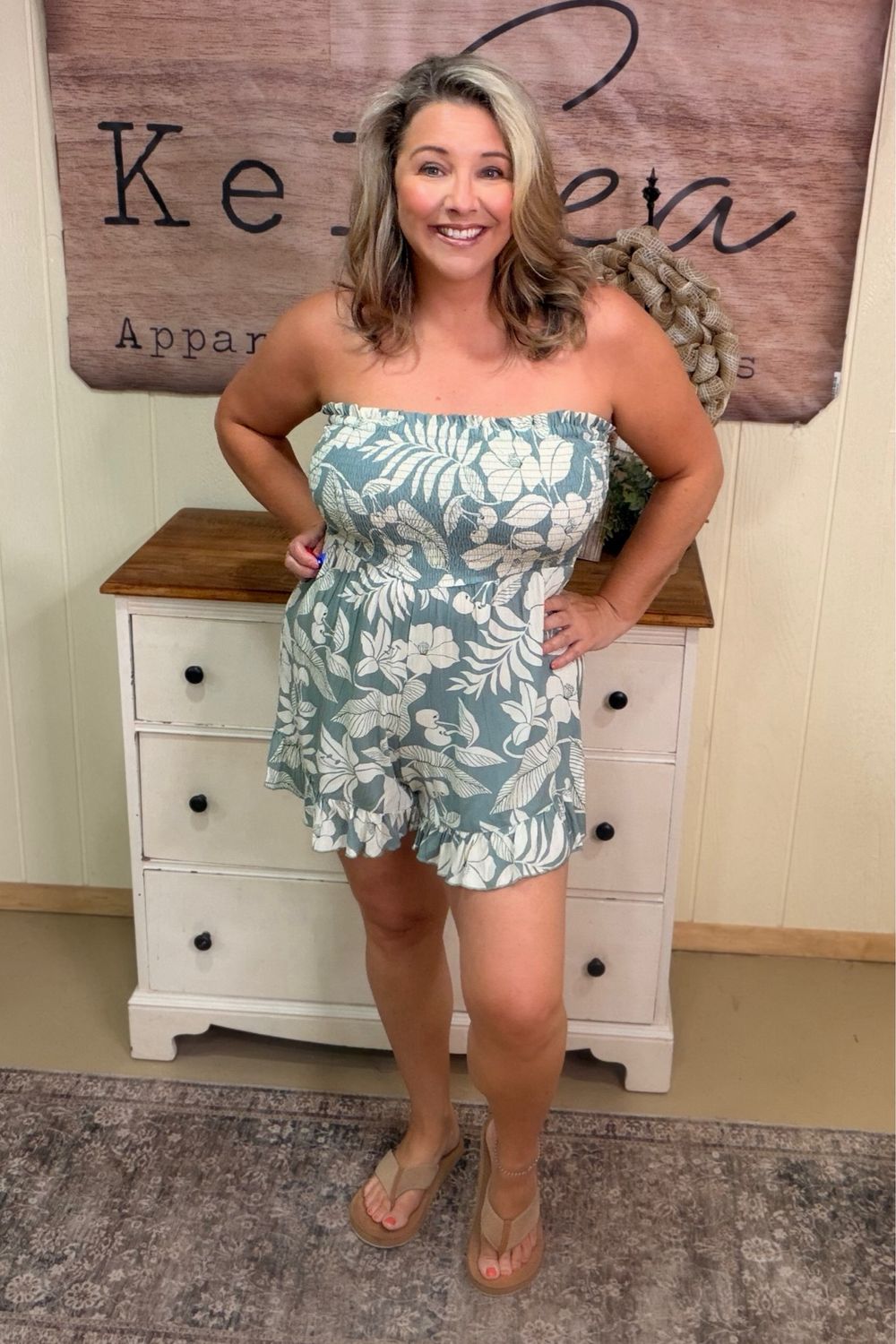 Sage Tropical Floral Strapless Romper